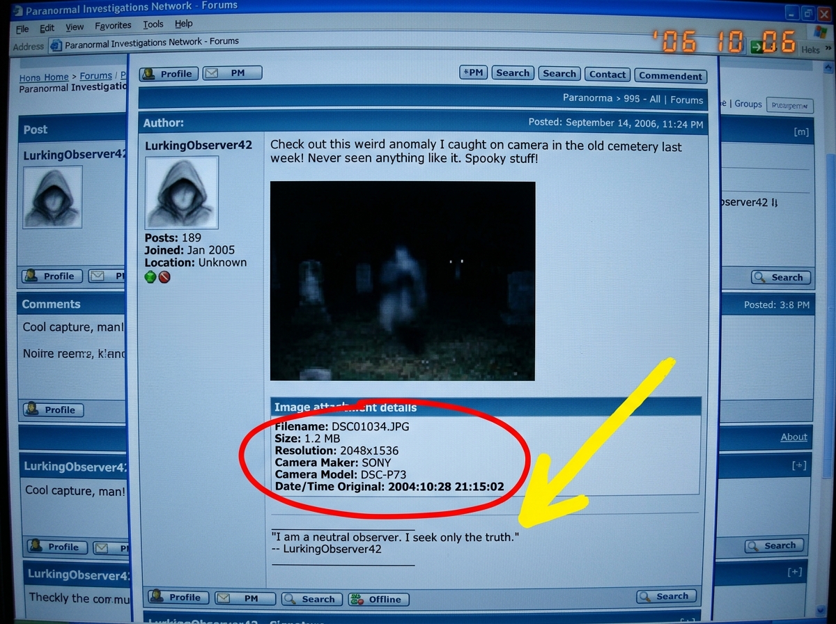 A screenshot of LurkingObserver42's avatar/profile with the EXIF metadata of his uploaded image circled in red, showing 'Camera date: 2004' while his post claims to be dated September 2006. A yellow arrow points from the EXIF date to his 'neutral observer' signature line.