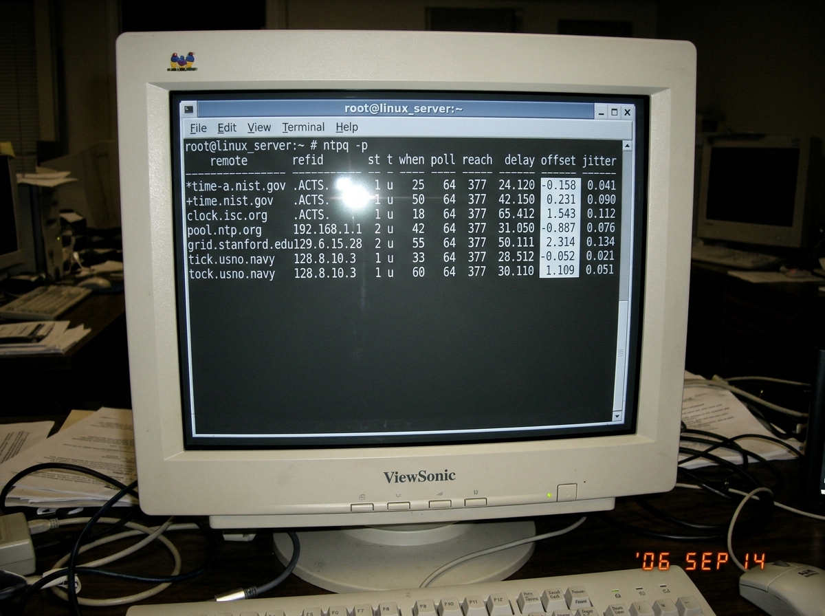 A screenshot of a terminal window showing an 'ntpq -p' command output with several time servers listed, highlighting the offset values.