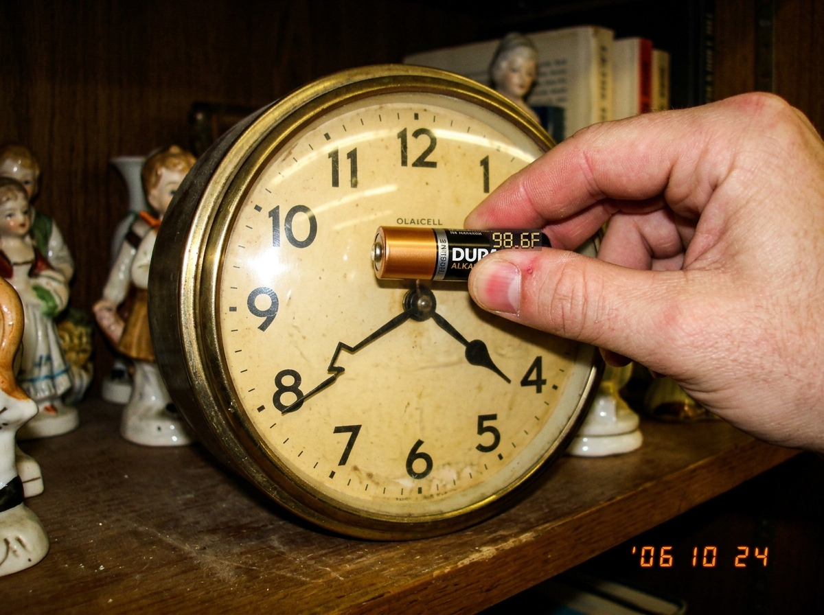 A photograph of an old analog wall clock on a thrift store shelf, its hands frozen at 4:47. A hand holding a battery is being pressed against the clock face, showing the battery is warm. The clock face has a faded yellow patina and the second hand is slightly bent at a strange angle.