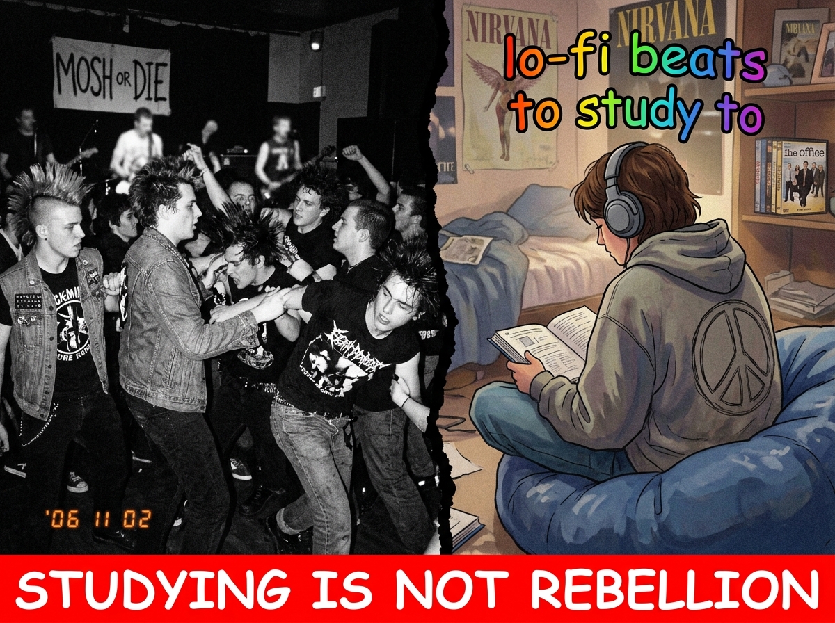 A crudely photoshopped meme image: a punk rock mosh pit crowd in black and white on the left, and on the right a single person sitting in a beanbag chair wearing headphones with a peace sign, a rainbow 'lo-fi beats to study to' text overlay. Below in bold white comic text on a red banner: 'STUDYING 