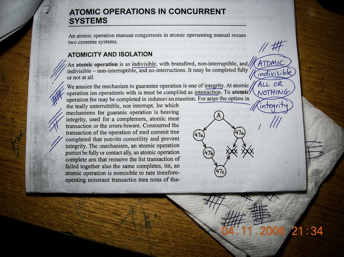 A library photocopy of an old programming manual page about 'atomic operations' with handwritten annotations in blue pen in the margins. The annotations include hash-like marks, circled words like 'atomic' and 'indivisible', and a small diagram showing a branching commit tree with '47' written at se