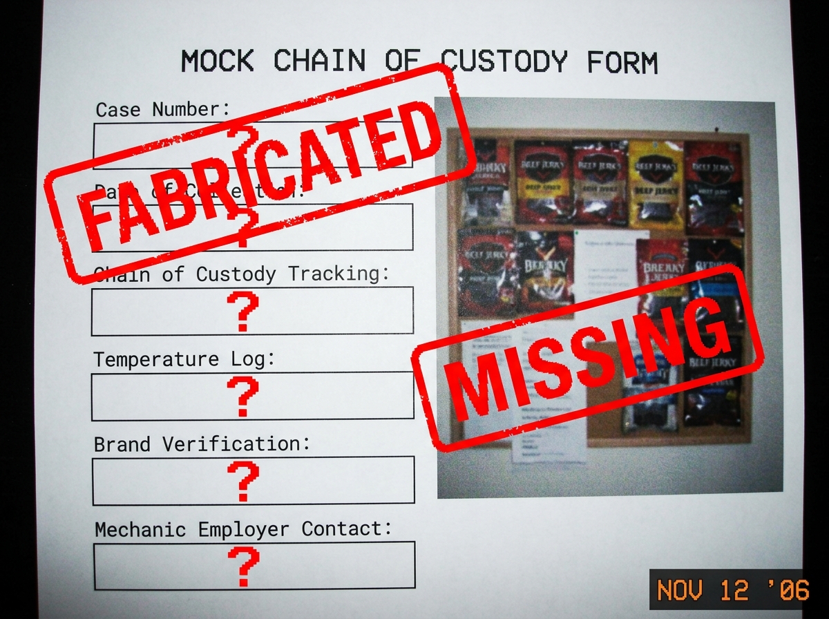 A mock chain of custody form with red stamps saying 'FABRICATED' and 'MISSING' stamped over a photo of the beef jerky bag shrine. The form has fields like 'Chain of Custody', 'Temperature Log', 'Brand Verification', and 'Mechanic Employer Contact' all left blank with red question marks.