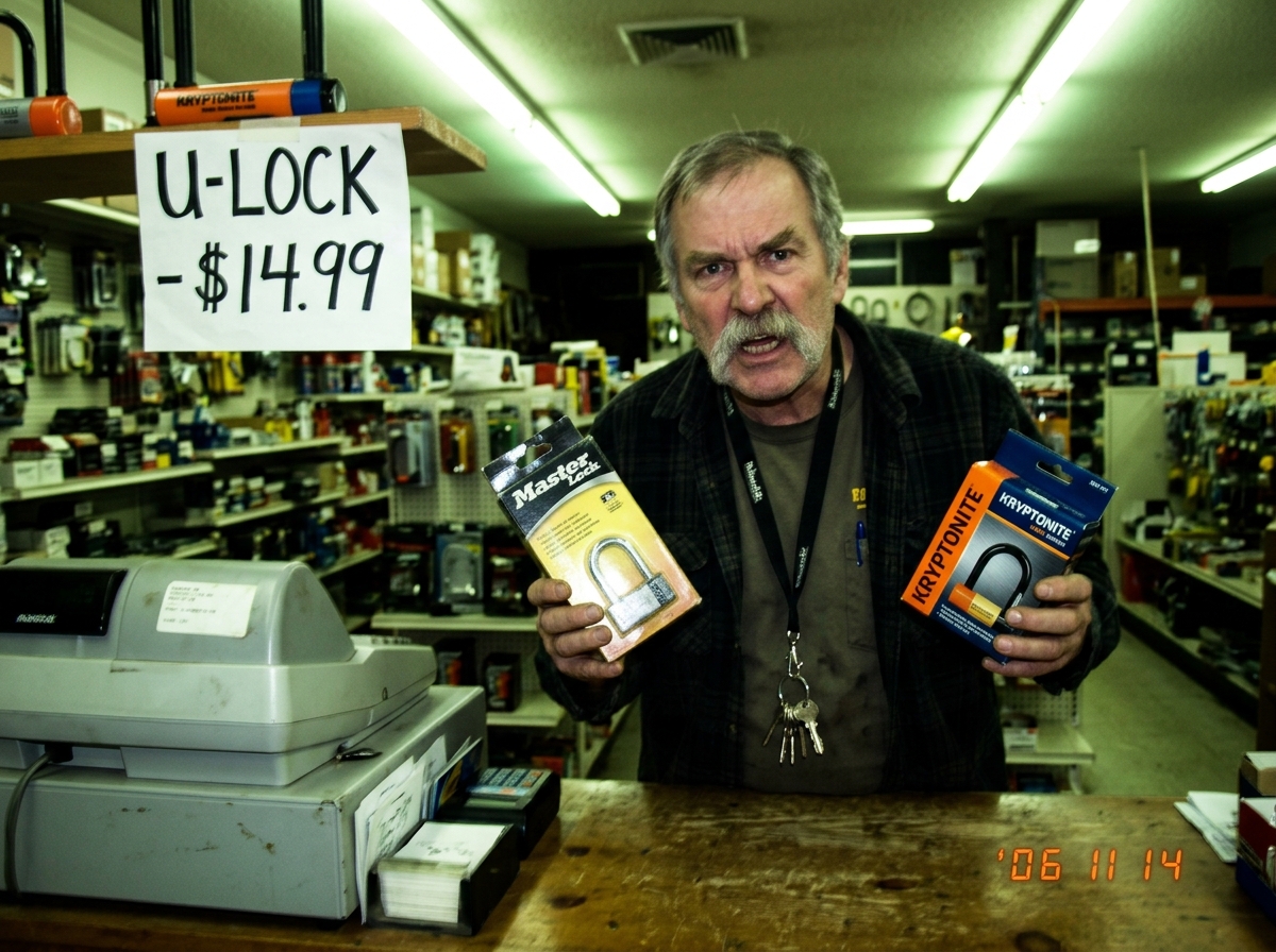 A blurry photo taken from a bike seat showing the cashier at the hardware store counter, a man in his 50s with a bushy gray mustache and a lanyard with FIVE loose silver keys dangling off it, staring at the camera mid-argument while holding a Master Lock box in one hand and a Kryptonite lock box in 