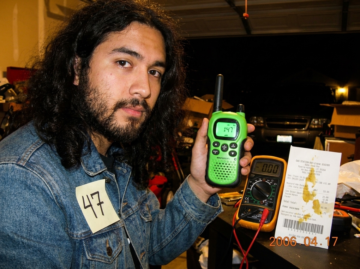 Thermal paper photo of green glow walkie talkie showing 0.00 on multimeter beside mustard-stained gas station receipt and denim fragment with 47 note, battery door closed but screen glowing green at 1:47