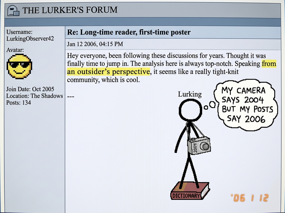 A screenshot showing LurkingObserver42's post with 'from an outsider's perspective' highlighted in yellow, and next to it a crude MS Paint drawing of a stick figure labeled 'Lurking' standing on a tiny dictionary with a blank camera hanging around its neck and a thought bubble saying 'MY CAMERA SAYS