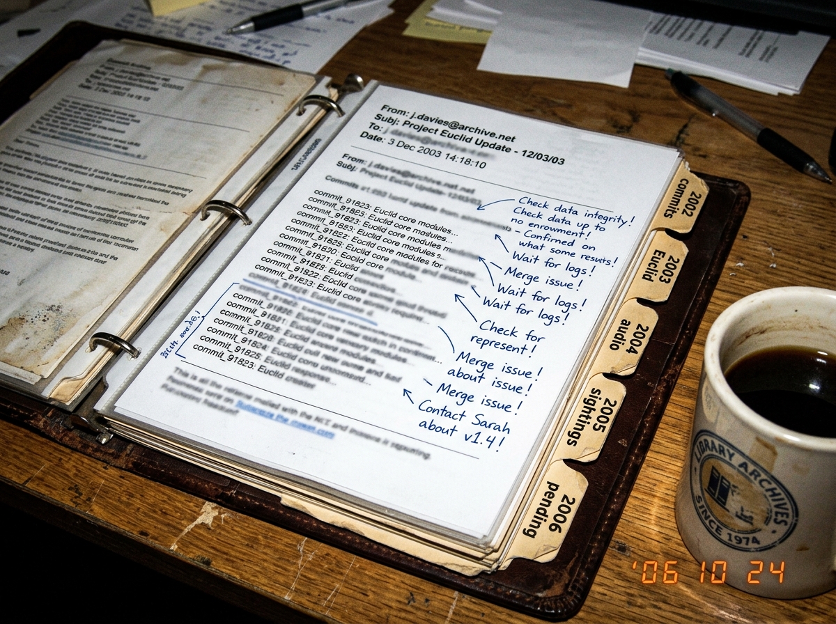 A close-up photograph of a physical archive binder with tabbed dividers labeled '2002 commits', '2003 Euclid', '2004 audio', '2005 sightings', and '2006 pending'. The binder is worn leather, opened to a page showing printed-out email headers and handwritten notes in blue ink. A coffee mug with a fad