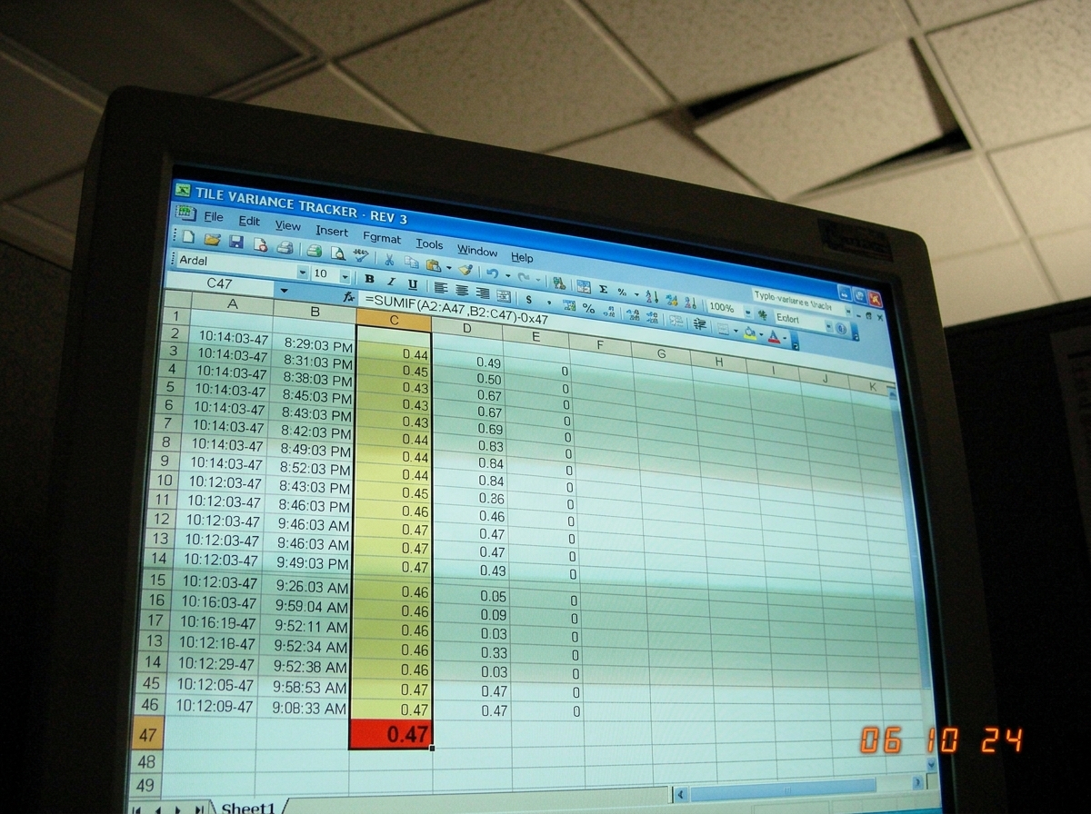 A computer monitor showing an Excel spreadsheet titled 'TILE VARIANCE TRACKER - REV 3'. The spreadsheet has columns labeled A through K with timestamps and decimal values. Column C is highlighted in yellow with a formula bar showing '=SUMIF(A2:A47,B2:C47)-0x47'. The cell C47 shows a value of 0.47 in