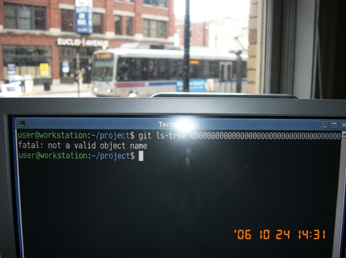 A screenshot of a terminal window showing a failed git ls-tree command with a hash of all zeros. The command reads 'git ls-tree 0000000000000000000000000000000000000000' and the terminal output says 'fatal: not a valid object name'. Behind the terminal, a blurry window shows a tram on Euclid Avenue.