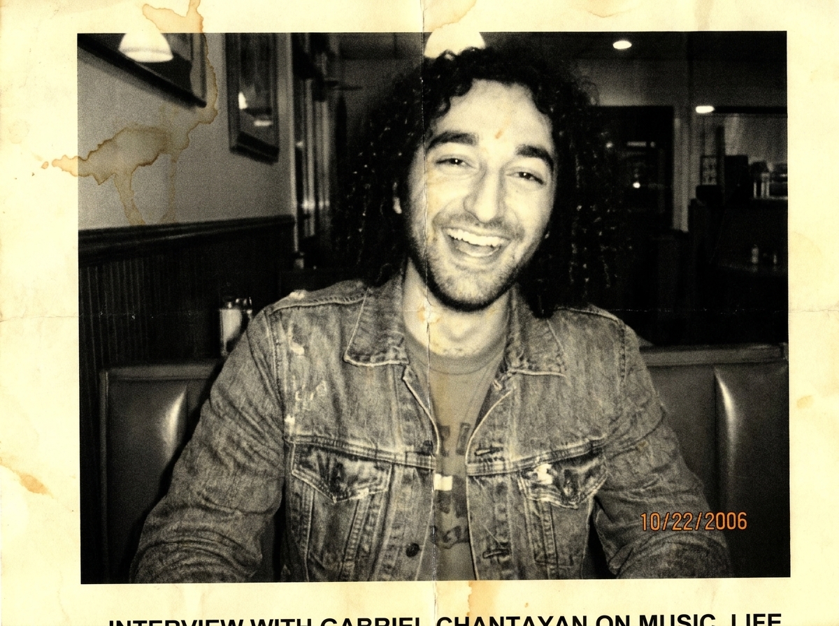 A yellowed photocopy of Gabriel Chantayan sitting in a diner booth circa 2002, mid-laugh, wearing a worn denim jacket. The image is slightly out of focus and has coffee ring stains on it from being handled. Text from the interview article is partially visible at the bottom edge.