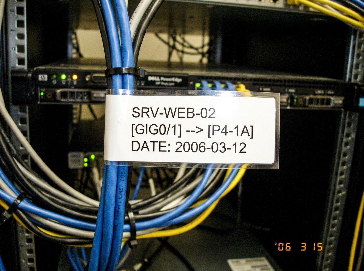 A laminated cable label with perfectly aligned text, sitting on a server rack