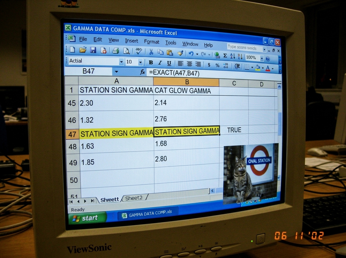 A computer screen showing an Excel spreadsheet with two columns labeled 'STATION SIGN GAMMA' and 'CAT GLOW GAMMA'. The values in both columns match exactly at row 47, highlighted in yellow. The formula bar shows '=EXACT(A47,B47)' returning TRUE. A small photo of a cat and a station sign are embedded
