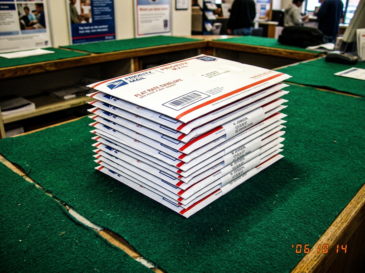 A stack of USPS Priority Mail envelopes on a green felt counter, perfectly aligned into a sharp geometric square