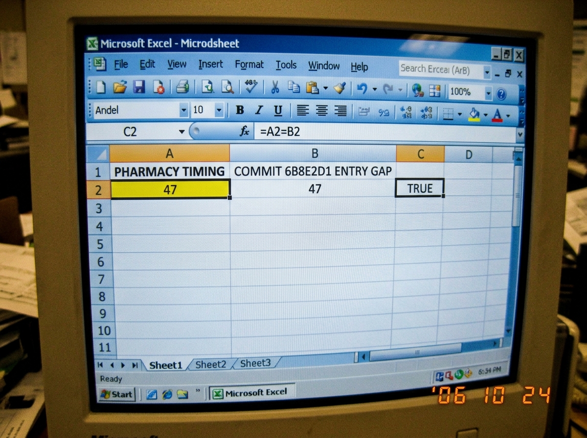 A computer screen showing an Excel spreadsheet. Column A is labeled 'PHARMACY TIMING' with a value of 47 seconds highlighted in yellow. Column B shows 'COMMIT 6B8E2D1 ENTRY GAP' also showing 47. The formula bar shows the EXACT formula comparing the two cells returning TRUE.