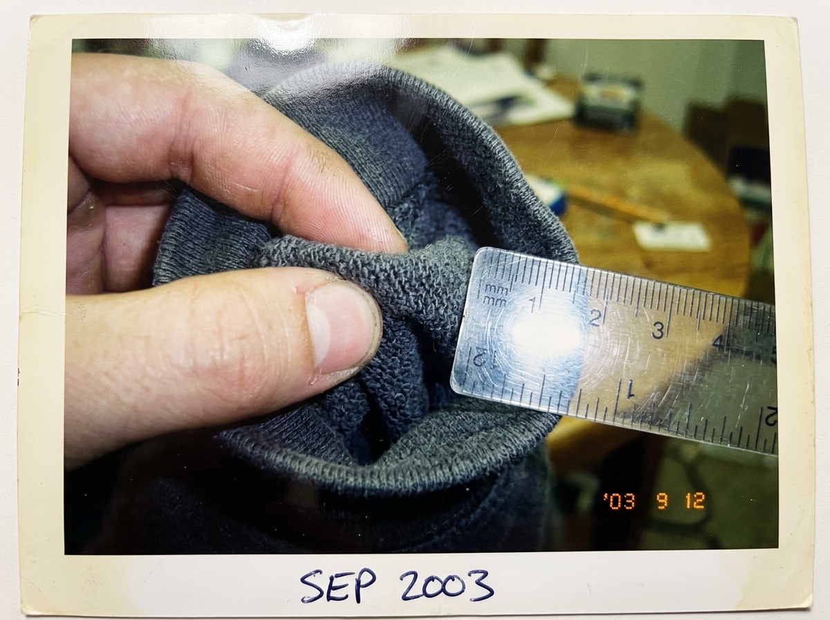 A close-up photograph of a grey hoodie cuff, held between fingers to show the weave pattern. A small ruler is visible next to it showing the thread count. The photo looks slightly worn, printed on glossy paper with a timestamp 'SEP 2003' written in pen on the border.