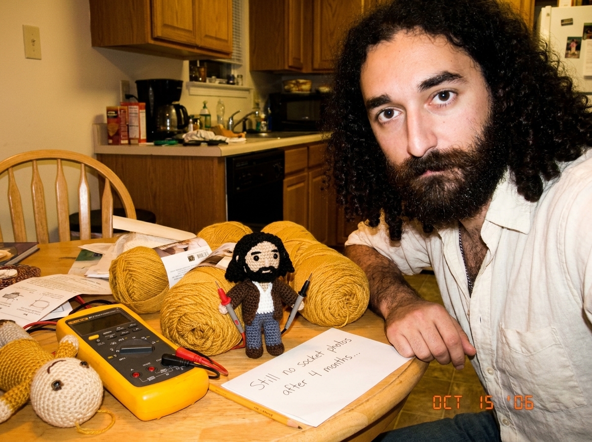 A kitchen table scene with a golden Fluke 87V multimeter, skeins of golden-yellow yarn, a tiny crocheted Gabriel doll holding miniature test probes, and a partially completed Gabe-able toy in the background. A small handwritten note reads 'Still no socket photos after 4 months...' in pencil.