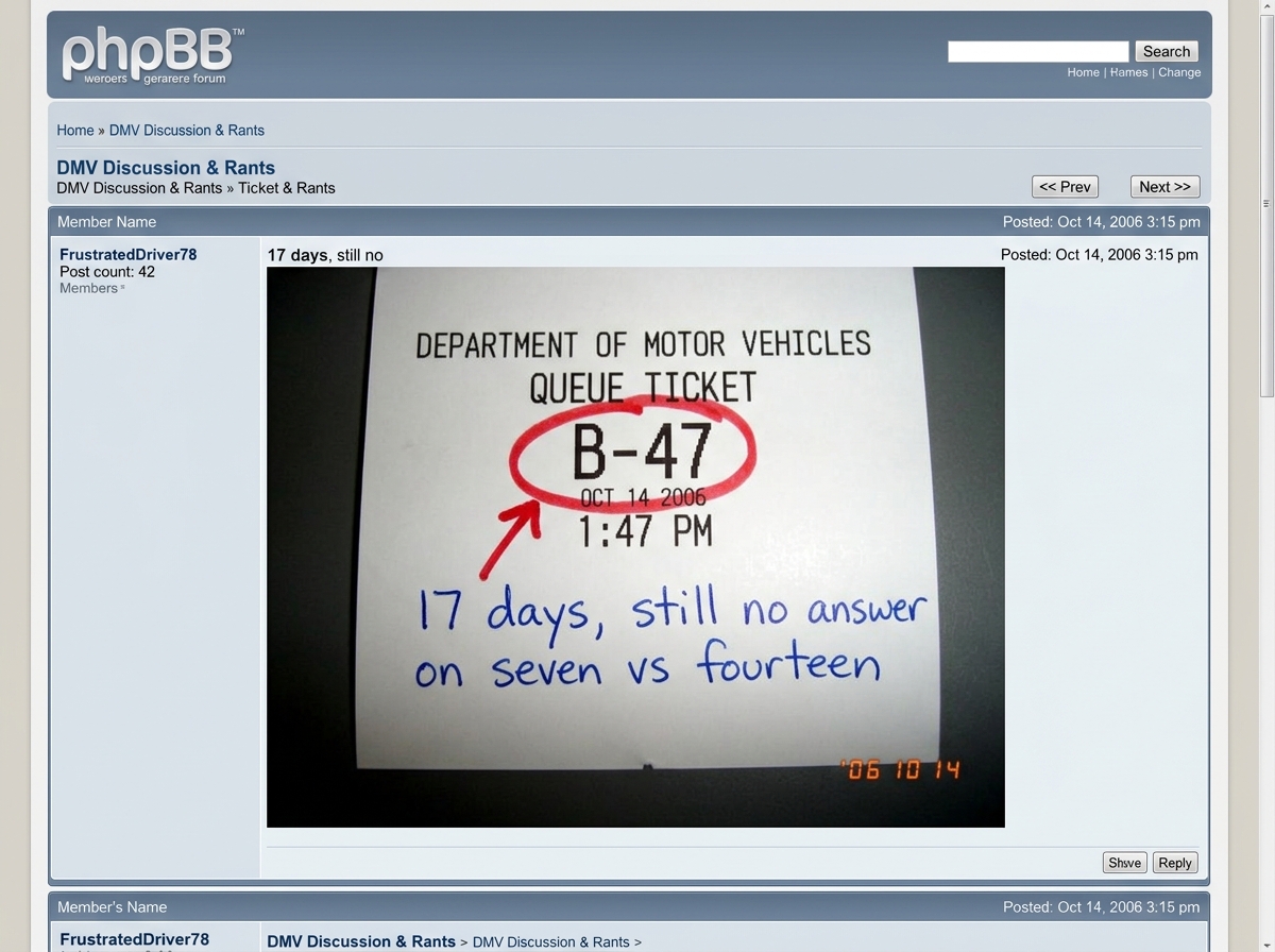 A screenshot of a DMV queue ticket showing number B-47, timestamp 1:47pm, with a red circle around the ticket number and an arrow pointing to a handwritten note that says '17 days, still no answer on seven vs fourteen'. The screenshot looks like it was taken from a forum post, with phpBB styling vis