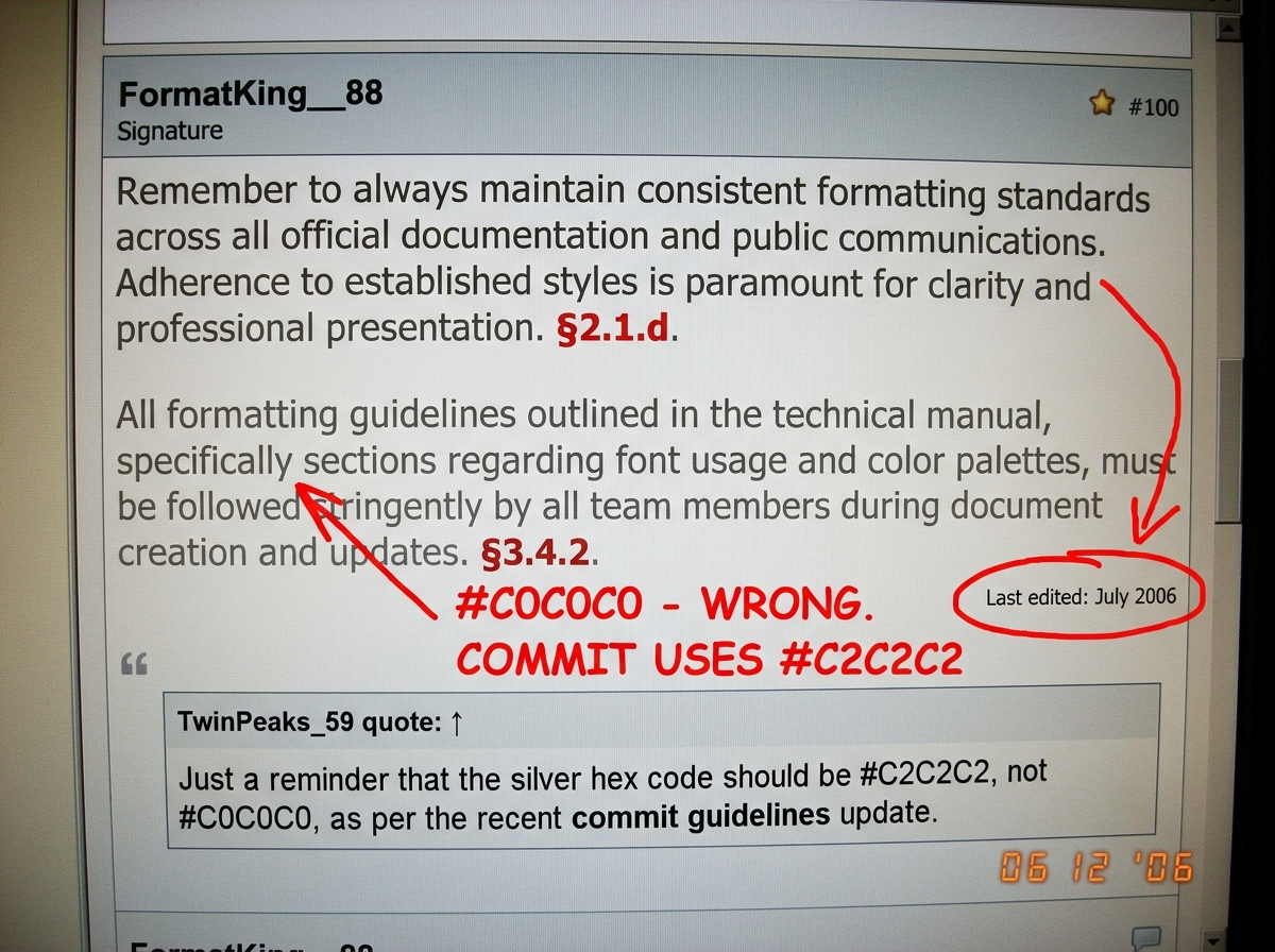 A screenshot of FormatKing__88's forum signature block. The signature contains a long block of text in silver #C0C0C0 with bold red text reading '§2.1.d' and '§3.4.2'. A red arrow points to the silver hex code with a handwritten note in MS Paint: '#C0C0C0 - WRONG. COMMIT USES #C2C2C2'. Below the sig