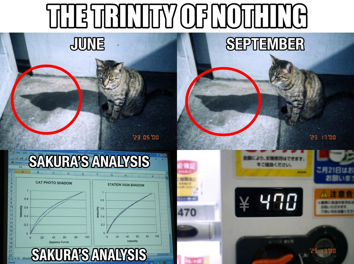A side-by-side comparison of GuardiaoDaNoite's cat photo from June and September, with red circles around the identical shadow position. Below, a close-up of SakuraMirror's spreadsheet showing the gamma curve match between cat and station sign, with a third panel showing a vending machine price of ¥