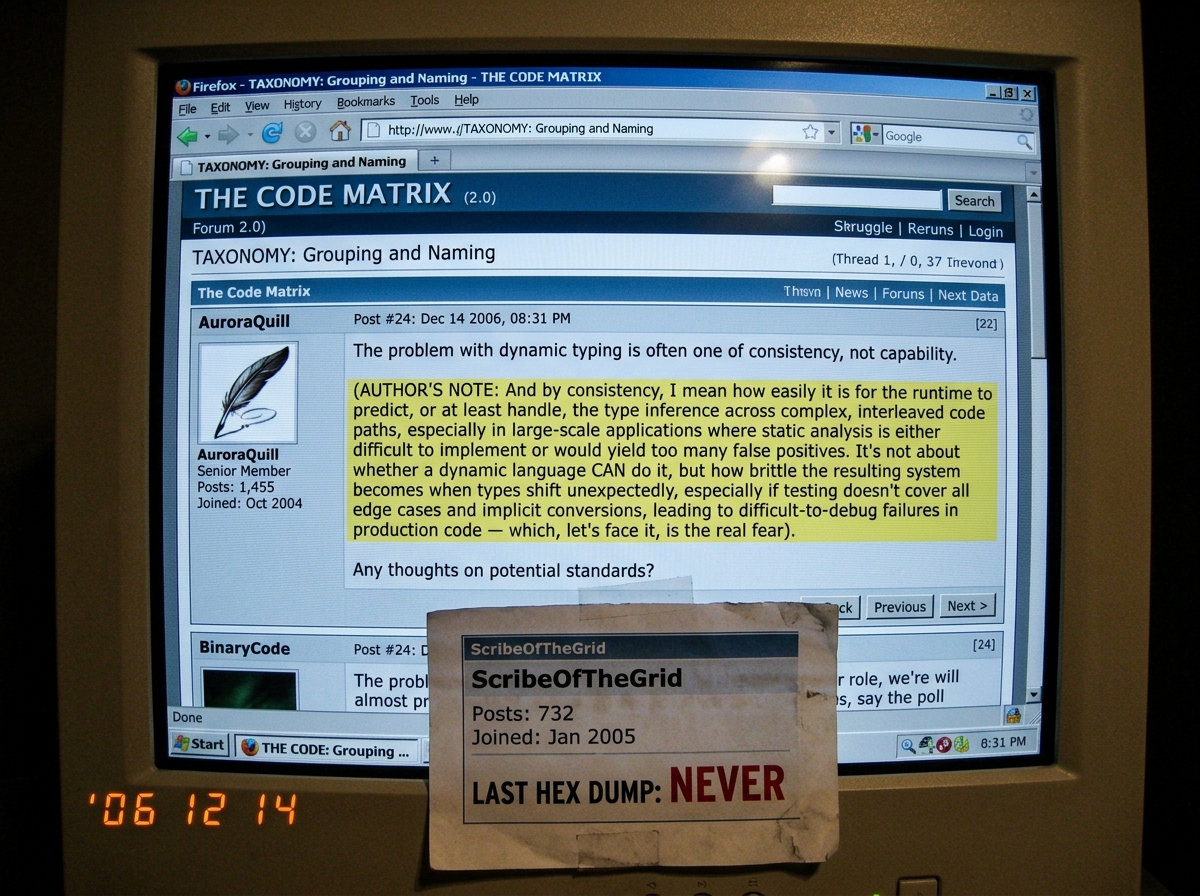 A screenshot of AuroraQuill's post in the taxonomy thread, with the long parenthetical author's note highlighted in yellow. Below it, a smaller screenshot of ScribeOfTheGrid's profile with 'LAST HEX DUMP: NEVER' in red text.