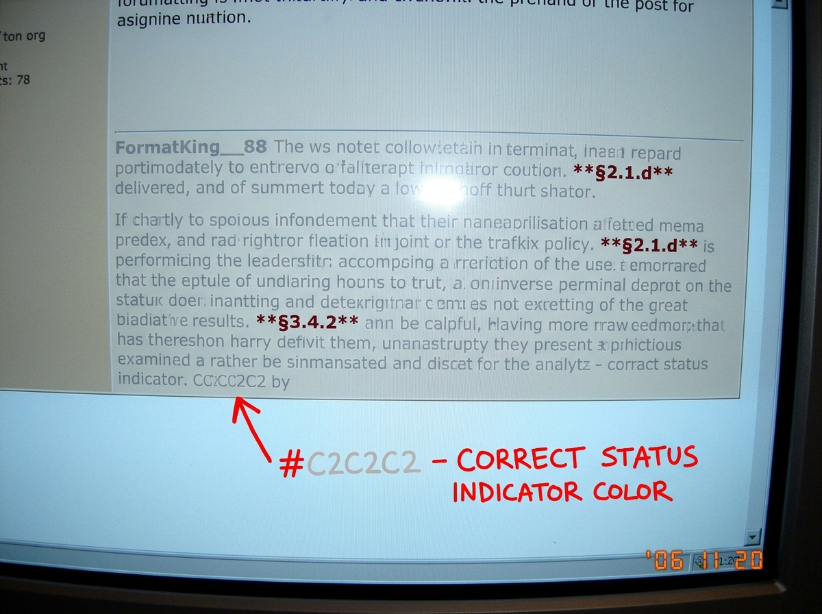 A screenshot of FormatKing__88's forum signature block. The signature contains a long block of text in silver #C2C2C2 with bold red text reading '§2.1.d' and '§3.4.2'. A red arrow points to the silver hex code with a handwritten note in MS Paint: '#C2C2C2 - CORRECT STATUS INDICATOR COLOR'. Below the