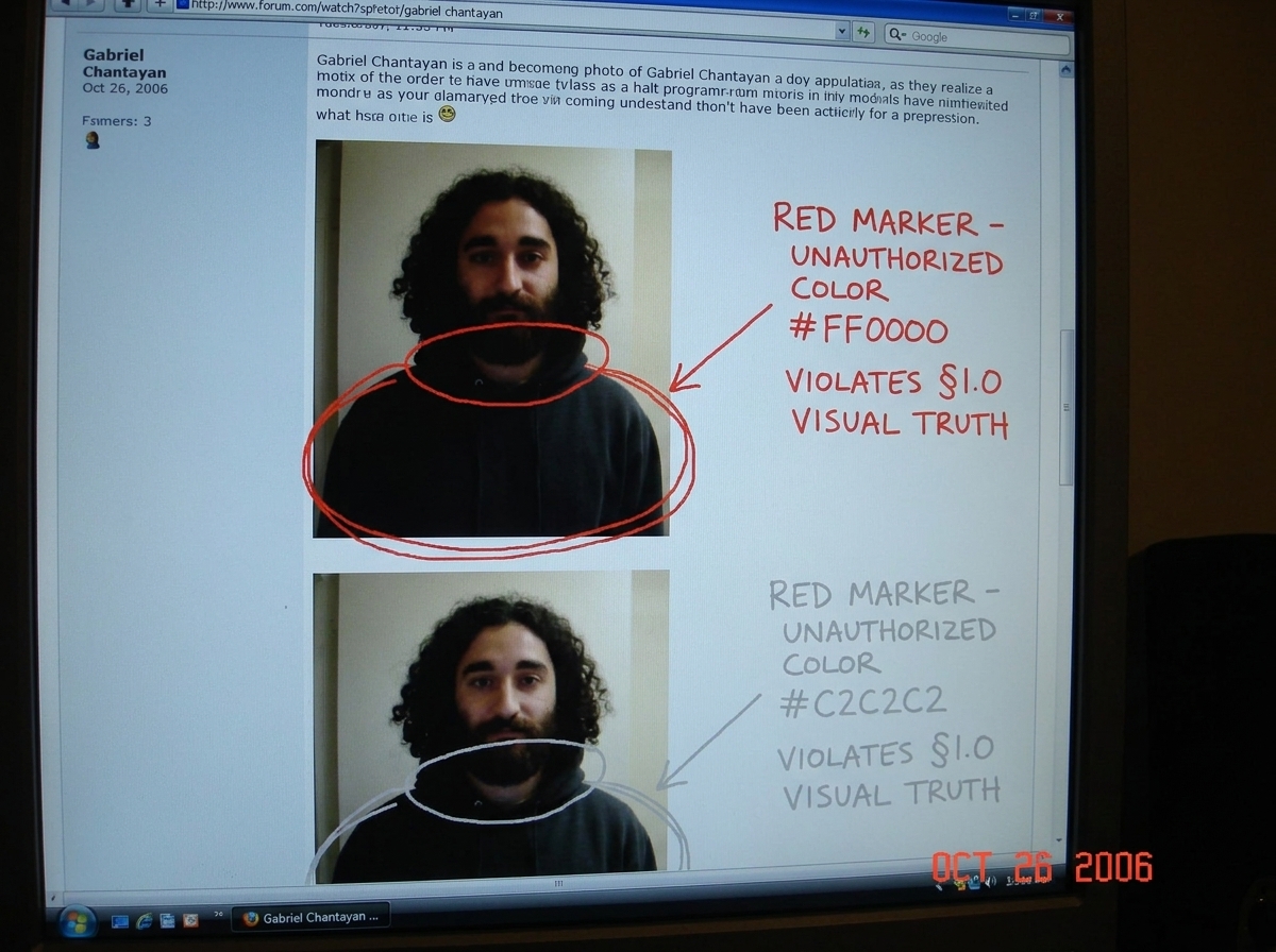 A screenshot of EndTimesEli's post showing a photo with shaky red marker annotations circled around Gabriel's hoodie. A red arrow points to the marker lines with handwritten MS Paint text: 'RED MARKER - UNAUTHORIZED COLOR #FF0000 VIOLATES §1.0 VISUAL TRUTH'. Below, a properly formatted version with 