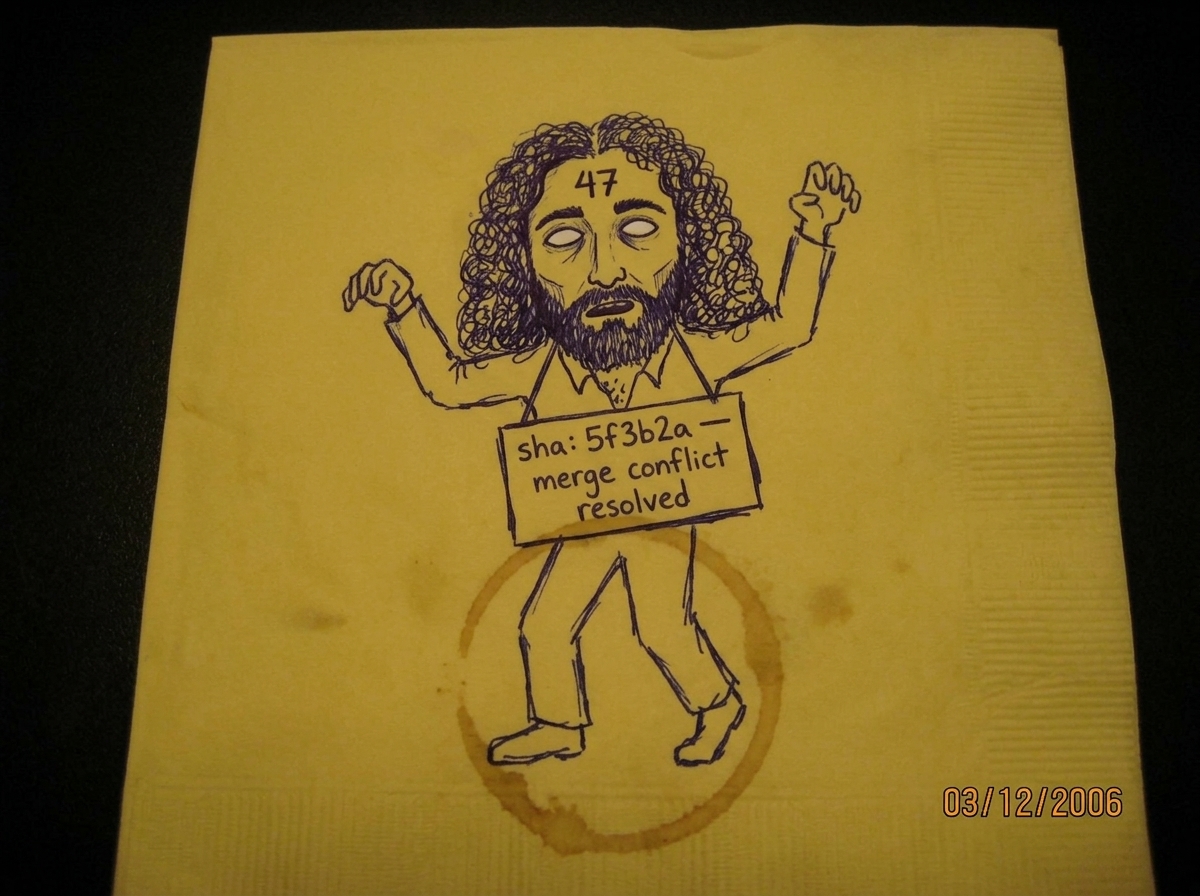 A crude ballpoint-pen drawing on a greasy yellow diner napkin. A zombie figure with empty white eyes stands in a loose shambling posture, arms slightly raised in front. On its forehead, the number 47 is written. Around its neck hangs a sign reading 'sha: 5f3b2a — merge conflict resolved.' Below the 