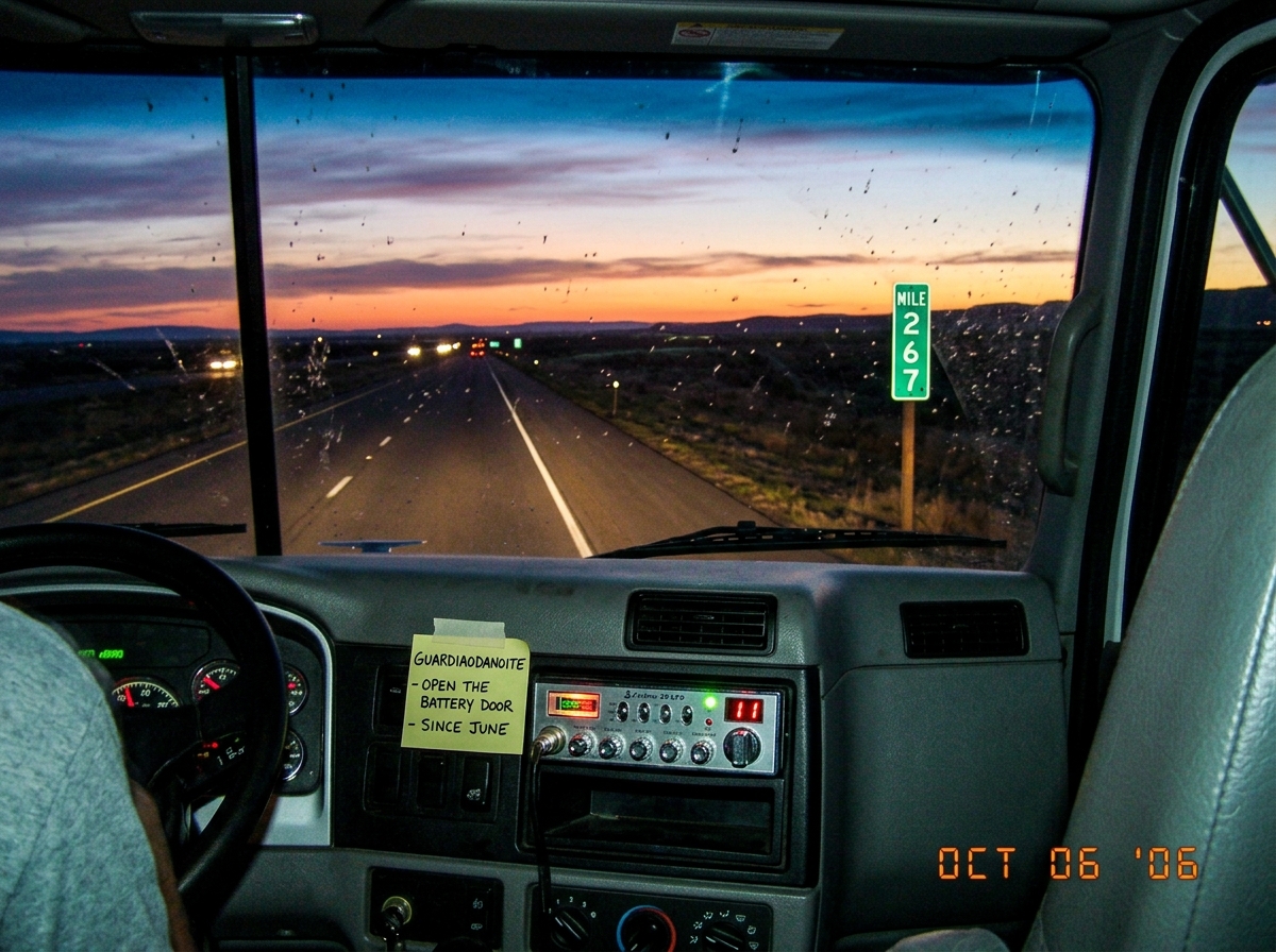 A photo taken from inside a truck cabin at dusk, looking out through the windshield at mile marker 267 on a long straight highway. The sky is a deep orange and purple fading to dark blue. The dashboard has a CB radio mounted below the radio, its red channel display glowing '11' and the green 'TX' li