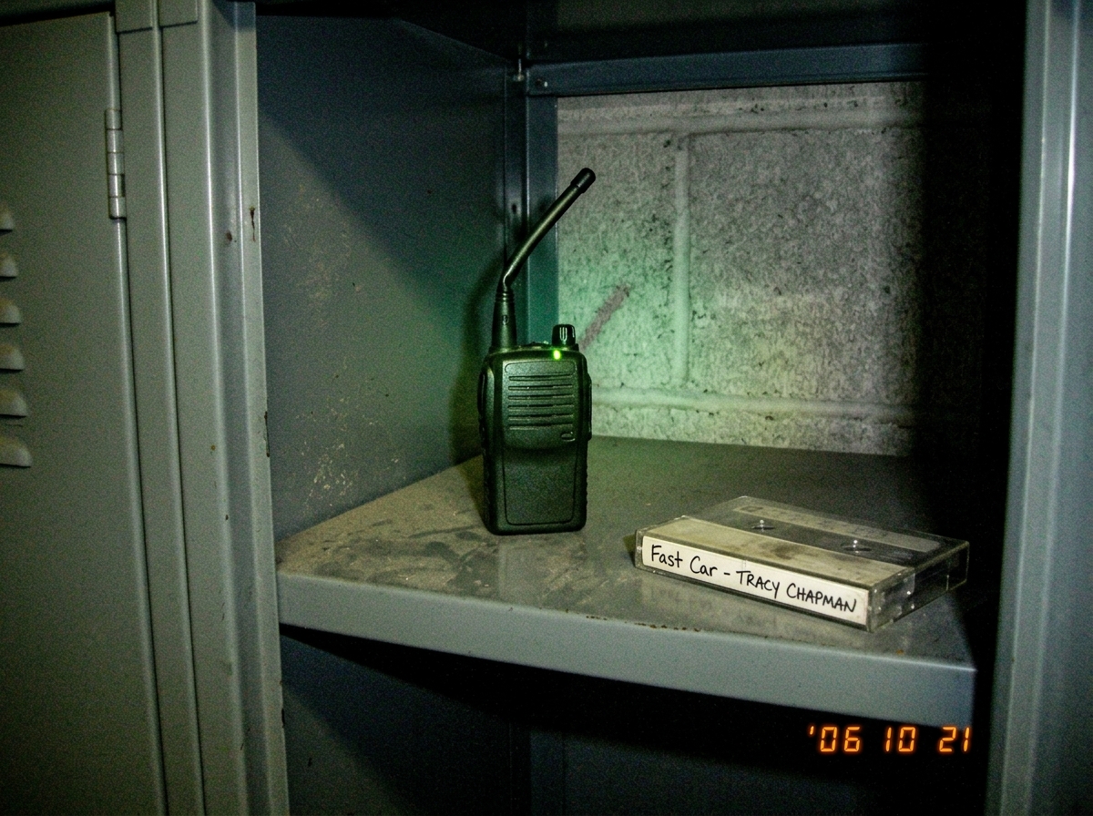 Dim warehouse locker shelf photo: small green-glow tactical walkie talkie with antenna crooked, faint green LED casting glow on concrete, cassette tape labeled 'Fast Car' placed nearby on metal shelf