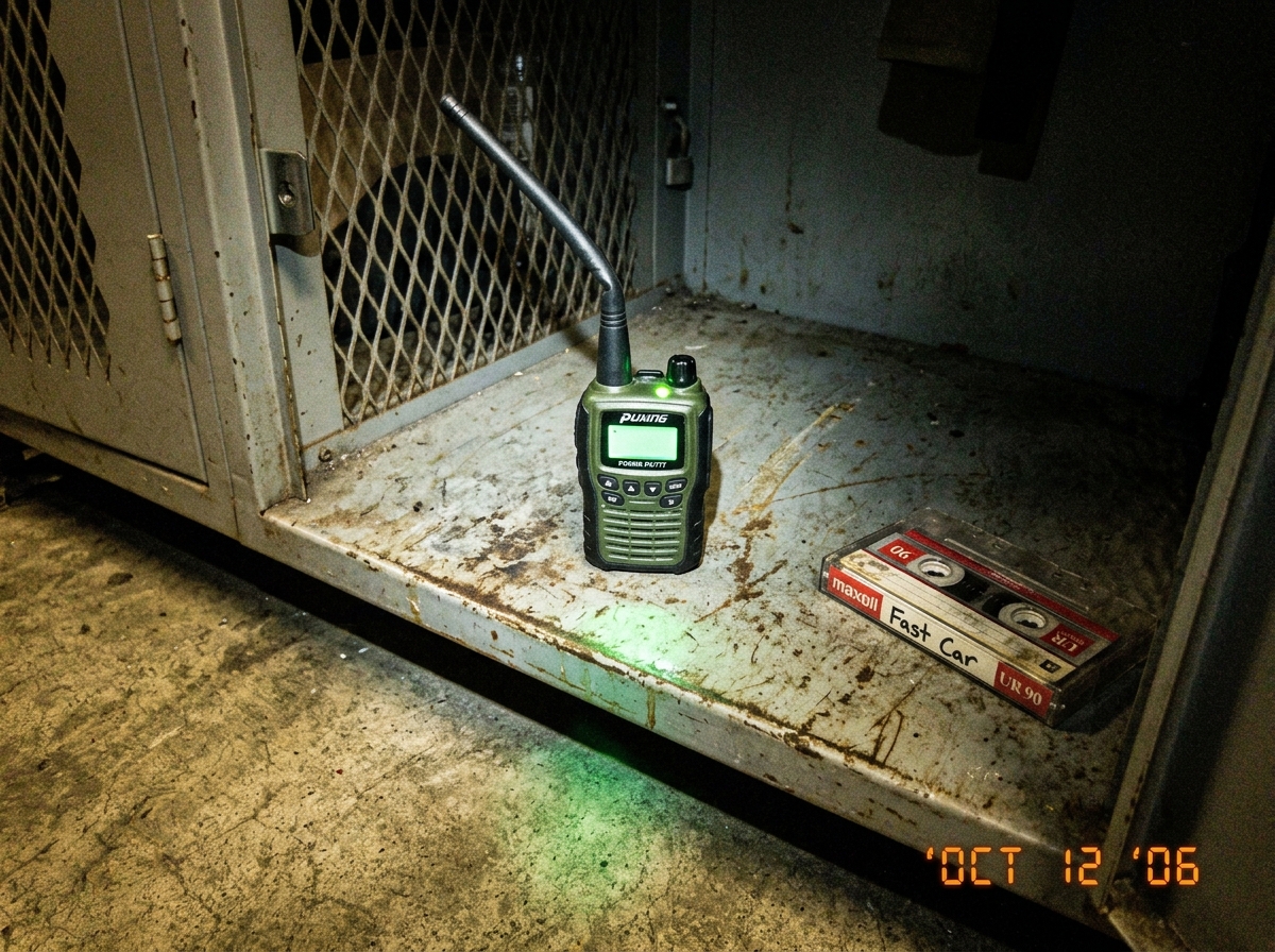 Dim warehouse locker shelf photo: small green-glow tactical walkie talkie with antenna crooked, faint green LED casting glow on concrete, cassette tape labeled 'Fast Car' placed nearby on metal shelf