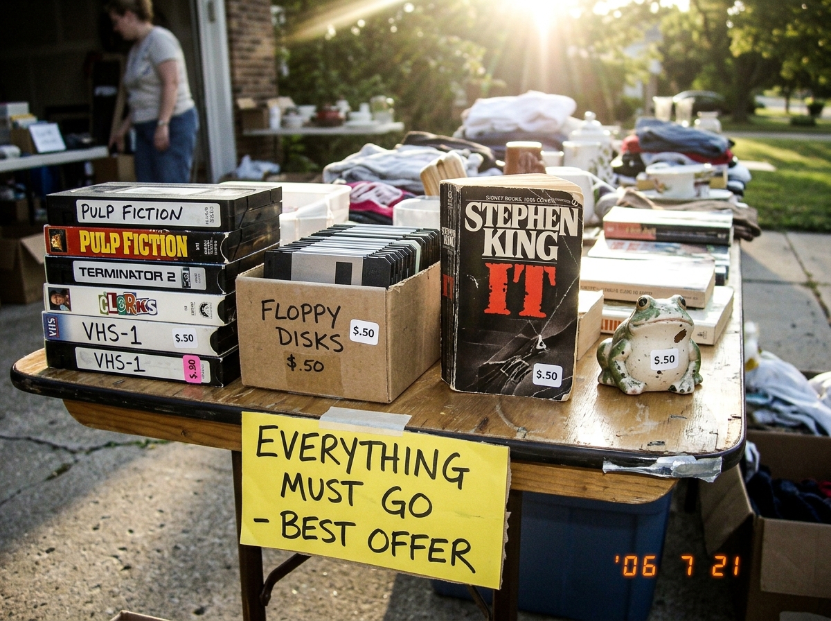A blurry photo of a yard sale table covered in random items - a stack of VHS tapes, a box of floppy disks, a battered copy of a Stephen King novel, and a small ceramic frog. Handwritten price stickers on everything show '$0.50' or '$1.00'. A handwritten sign taped to the table edge reads 'EVERYTHING