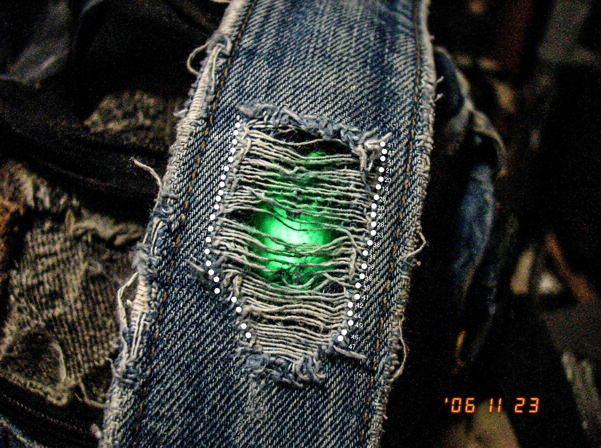 Close-up of torn denim bag strap with green glow visible through weave, showing 47 horizontal thread lines counted and marked with tiny chalk dots