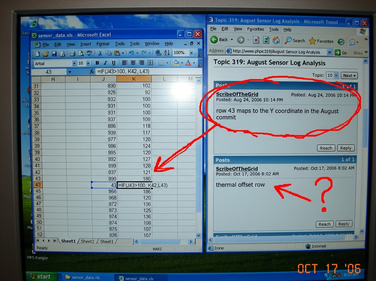 A screenshot of an Excel spreadsheet showing column K with row 43 highlighted. Next to it is a MS Paint circle scribble pointing to a forum post from ScribeOfTheGrid in topic 319 that says 'row 43 maps to the Y coordinate in the August commit' with the date stamp visible. A second paint arrow points