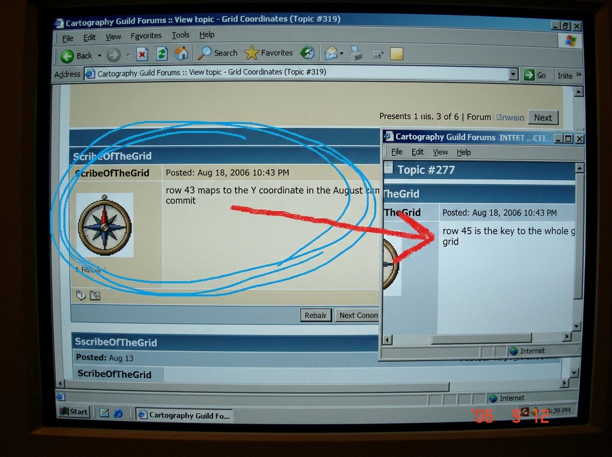 A screenshot of a forum thread from topic 319 showing ScribeOfTheGrid's post that says 'row 43 maps to the Y coordinate in the August commit' with the date stamp visible. Next to it is a MS Paint circle scribble pointing to another post from topic 277 where Scribe wrote 'row 45 is the key to the who