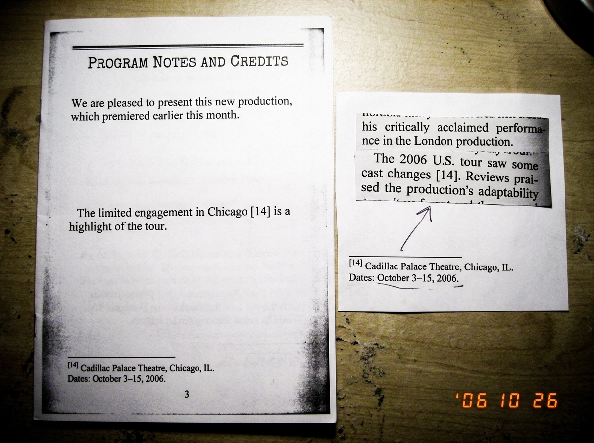 A photocopy of a 2006 program insert showing page 3 with the Chicago date listed in footnote 14, next to a photocopy of the footnote in a theater biography