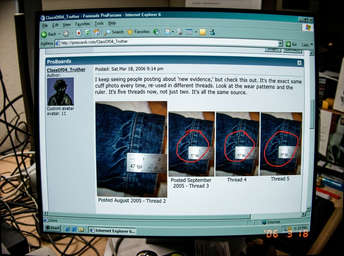 A screenshot of a forum post by ClassOf04_Truther from March 2006 with the same 47 tpi cuff photo, timestamped 'Sat Mar 18, 2006 9:14 pm', next to the same photo posted in August and September, with red circles around the identical denim wrinkles and ruler position, proving it's the same photo re-up