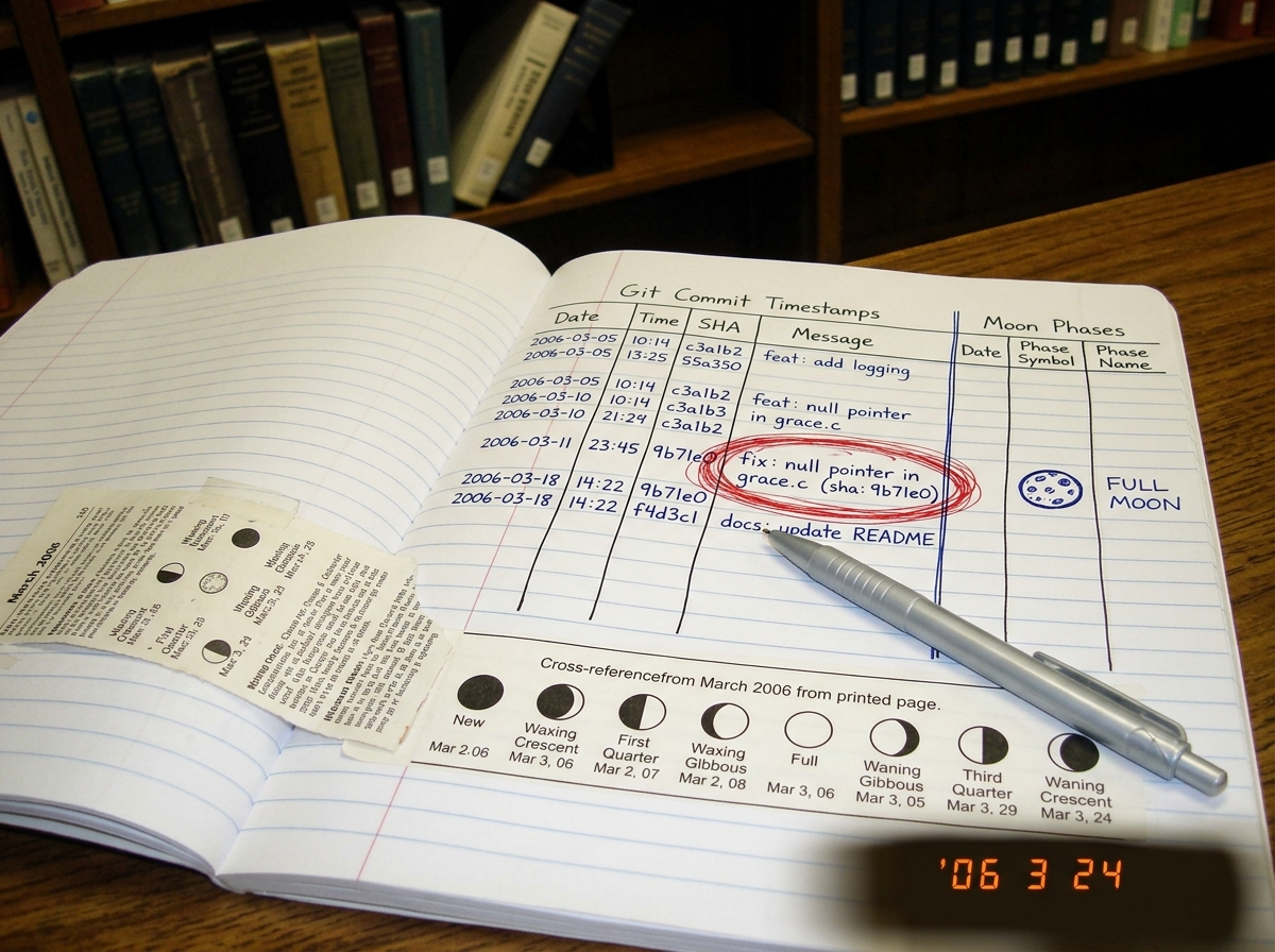 A ruled notebook page open on a library table, showing a hand-drawn grid correlating git commit timestamps against moon phases from a printed almanac page. The commit 'fix: null pointer in grace.c (sha: 9b71e0)' is circled in red ink with a full moon symbol drawn next to it. A silver ballpoint pen r