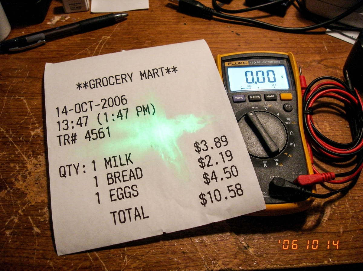 Thermal paper receipt showing green glow smudge at 1:47 timestamp with multimeter reading 0.00 resting beside it