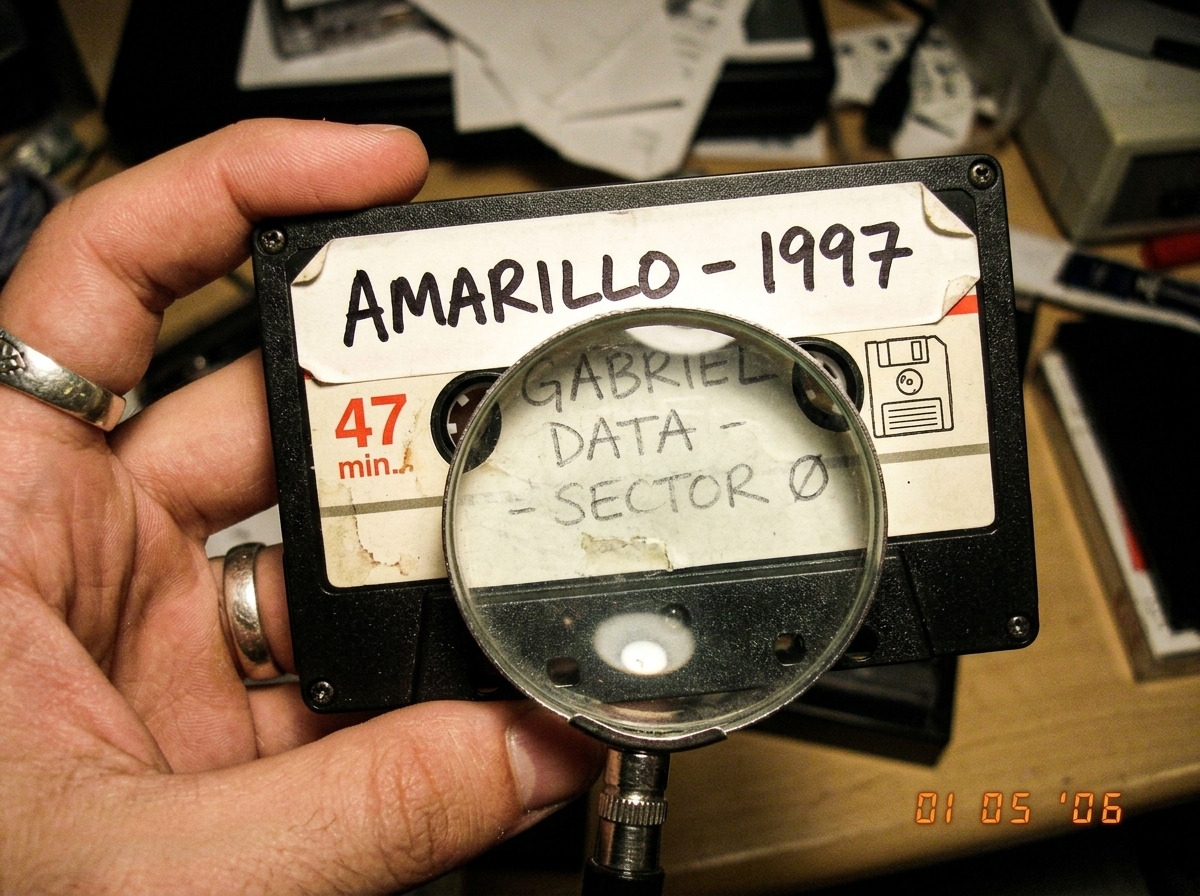 A close-up of the 47-minute tape label showing the top layer 'AMARILLO - 1997' partially peeled back to reveal faint handwritten 'GABRIEL DATA - SECTOR 0' beneath, with a magnifying glass over the overlapping text.