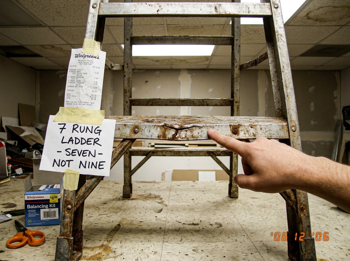 A close-up photo of a rusty step ladder with 7 visible rungs, standing in a room with acoustic ceiling tiles. A hand is pointing at the third rung which has a visible wobble crack. A crumpled Walgreens receipt is taped to the ladder frame with '7 RUNG LADDER - SEVEN - NOT NINE' written on it in shar