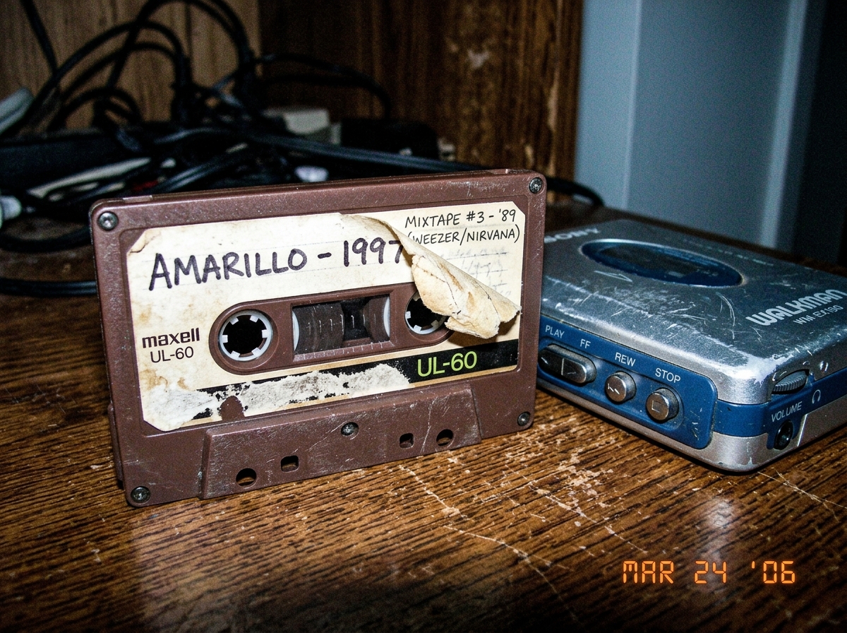 A close-up photo of a brown cassette tape with a handwritten label reading 'AMARILLO - 1997' in black marker, the label is peeling back at the corner to reveal older text underneath, the tape is sitting on a wood grain table next to a vintage walkman, dramatic lighting