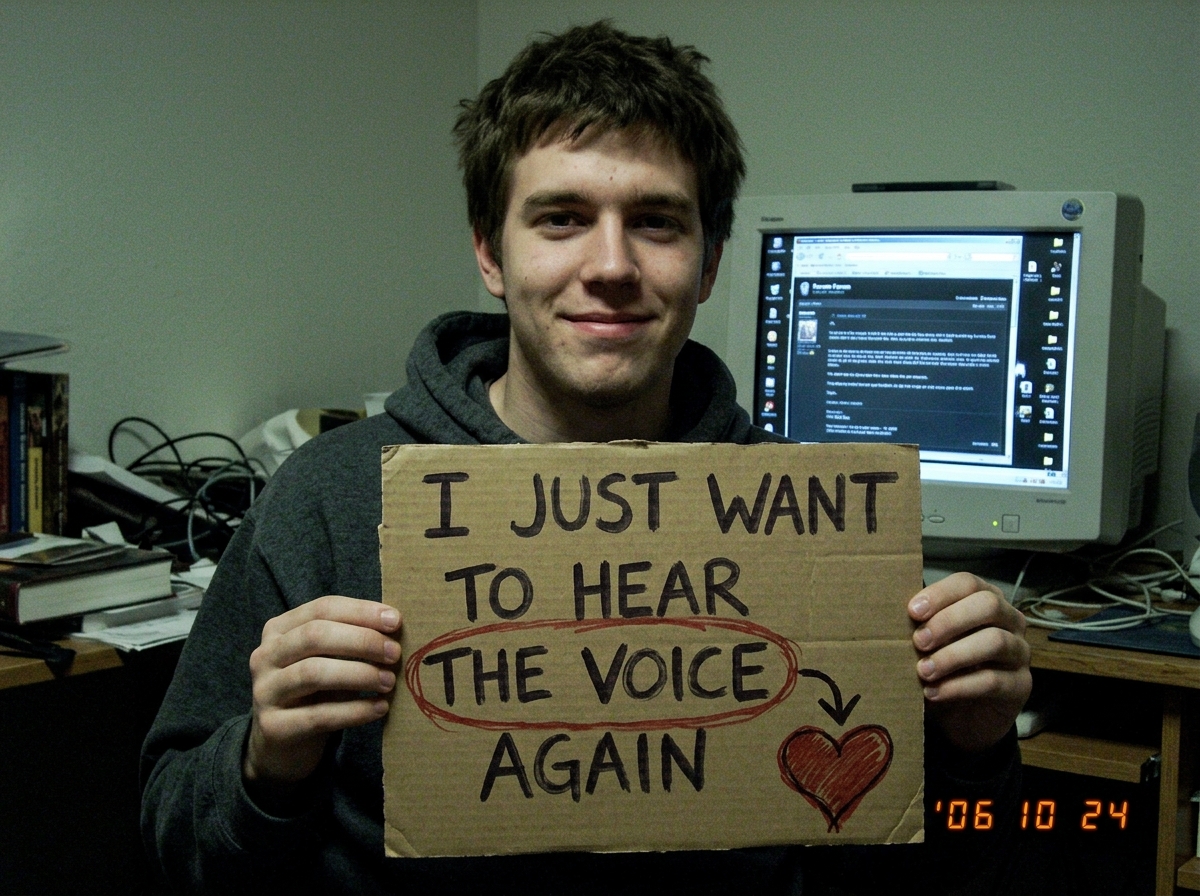 A grainy webcam selfie of a guy holding up a handwritten sign that says 'I JUST WANT TO HEAR THE VOICE AGAIN' with a red circle drawn around 'THE VOICE' and an arrow pointing to a crudely drawn heart. In the background, a CRT monitor shows a forum page. The lighting is dim and the photo has that 200