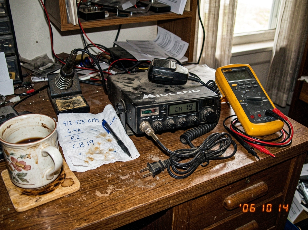 A dusty old mid-90s CB radio sitting on a cluttered wooden desk next to a yellow Fluke 87V multimeter. The CB's power cord is unplugged and coiled. A half-empty coffee mug with some floral pattern and a crumpled napkin with handwritten numbers visible nearby. Natural afternoon light through a window