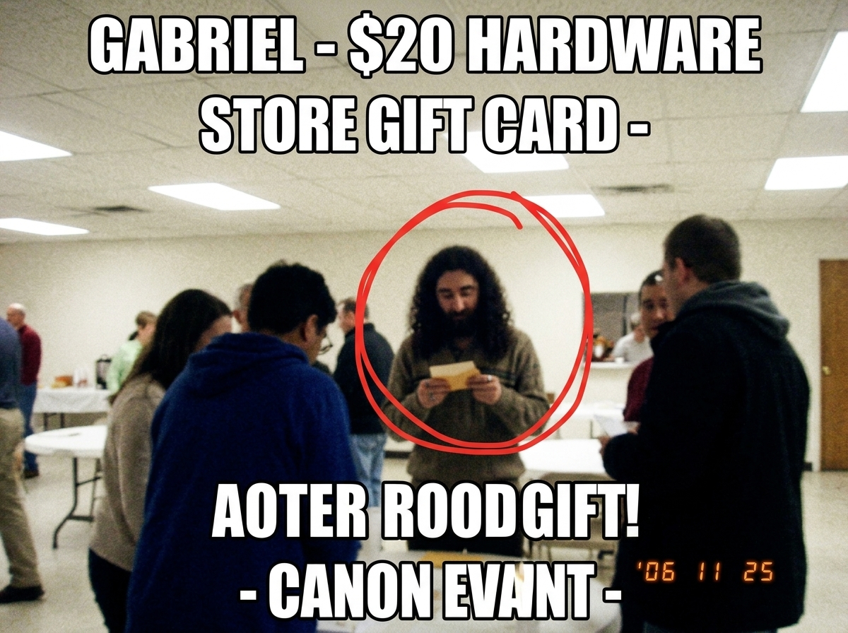 A crudely made meme-style image: a still frame of what looks like a mid-90s church social, with a red circle around a blurry figure in the background holding what might be a small envelope. Text overlay in Impact font says 'GABRIEL - $20 HARDWARE STORE GIFT CARD - CANON EVENT'. The photo is grainy, 