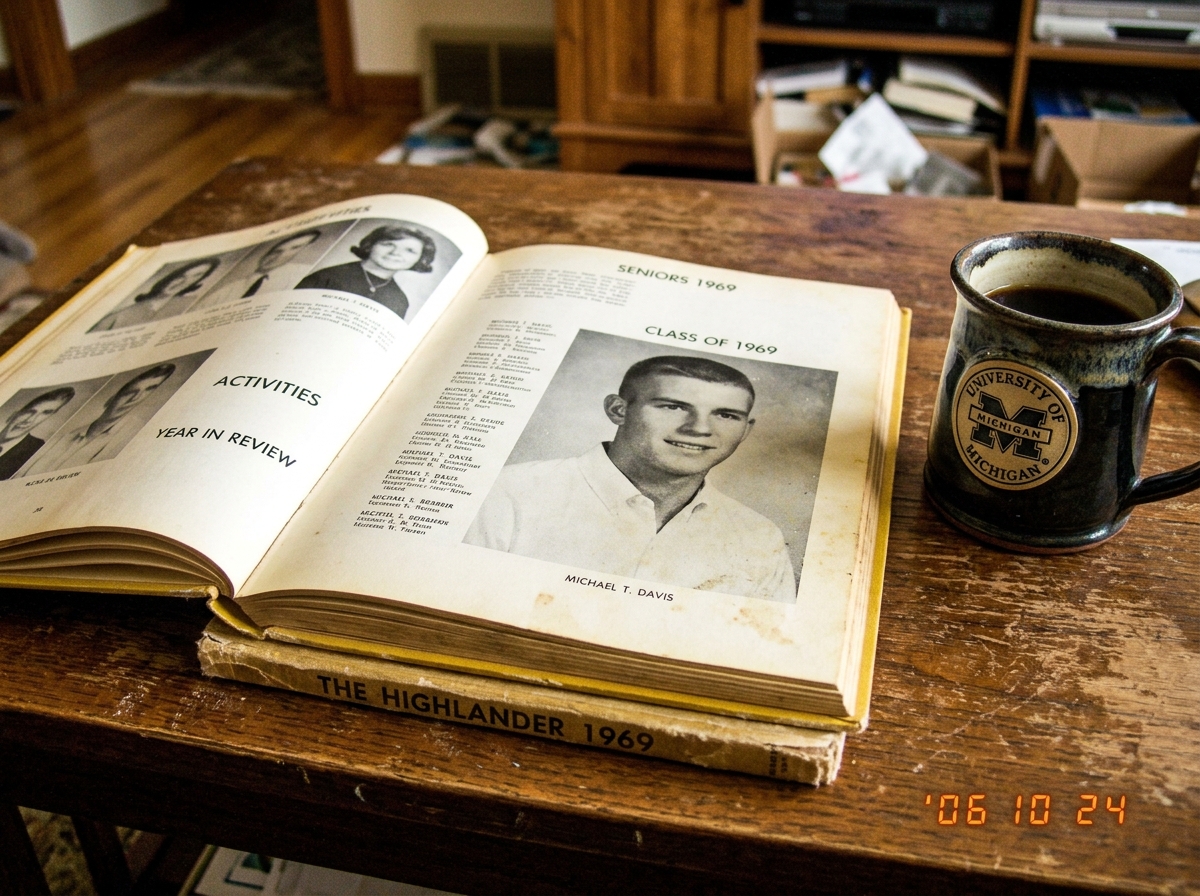 A photo of an open high school yearbook from 1969, showing a black-and-white portrait of a young man with a crew cut, wearing a collared shirt. The page is yellowed and slightly dusty, resting on a wooden table next to a coffee mug.