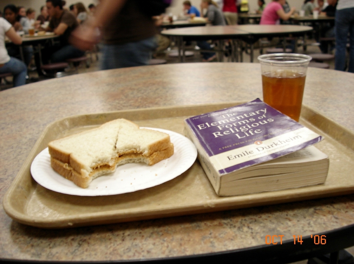 A blurry photo taken from a high angle showing a cafeteria tray with half-eaten generic peanut butter sandwich and a copy of Durkheim's Elementary Forms of Religious Life resting next to it