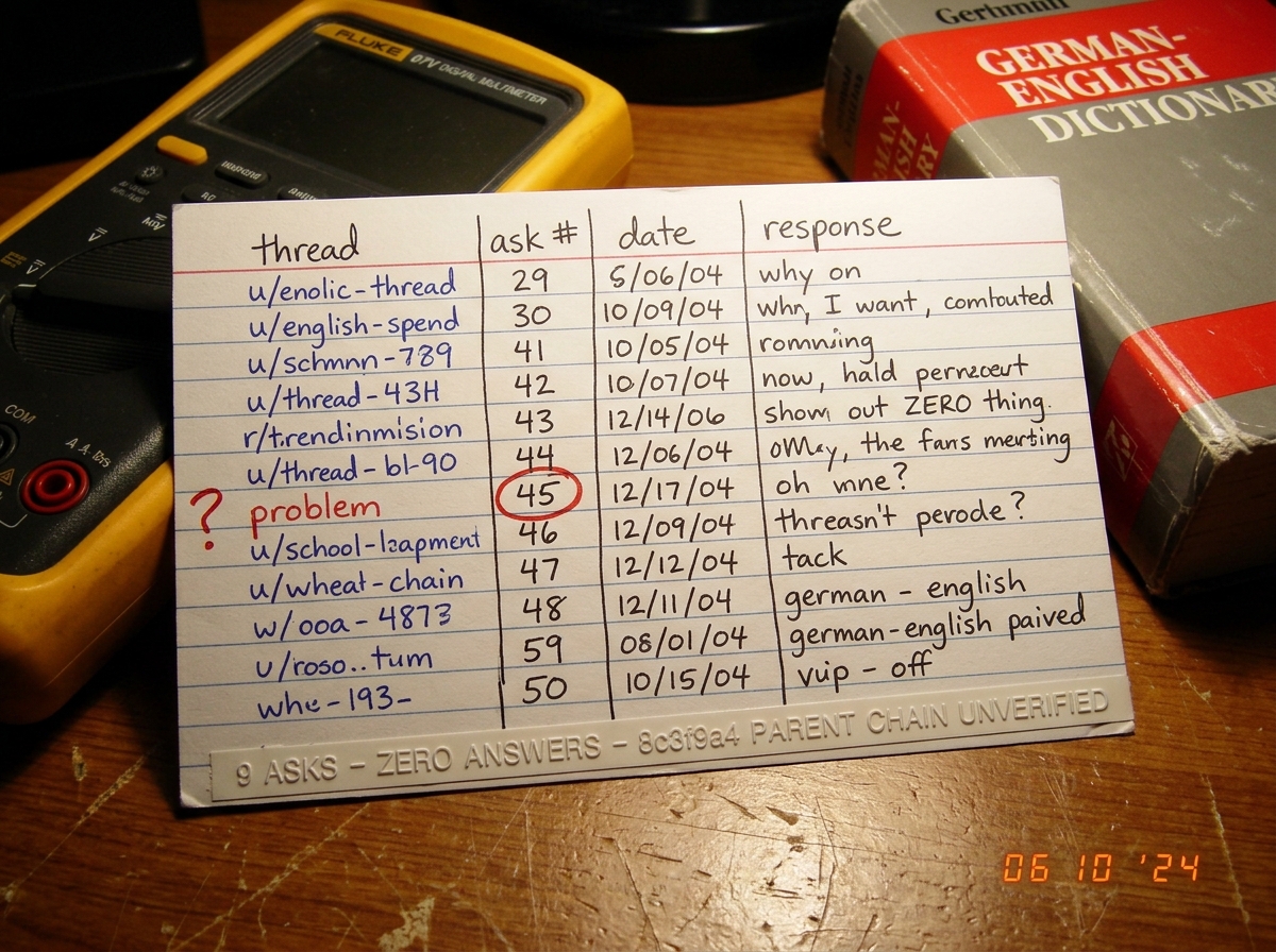A white 5x8 inch index card covered in handwritten notes in blue and black ink, organized in a grid pattern with columns labeled 'thread', 'ask #', 'date', 'response'. Row 45 has been circled in red pen with a question mark next to it. Below the grid, typed on a label maker strip: '9 ASKS - ZERO ANS
