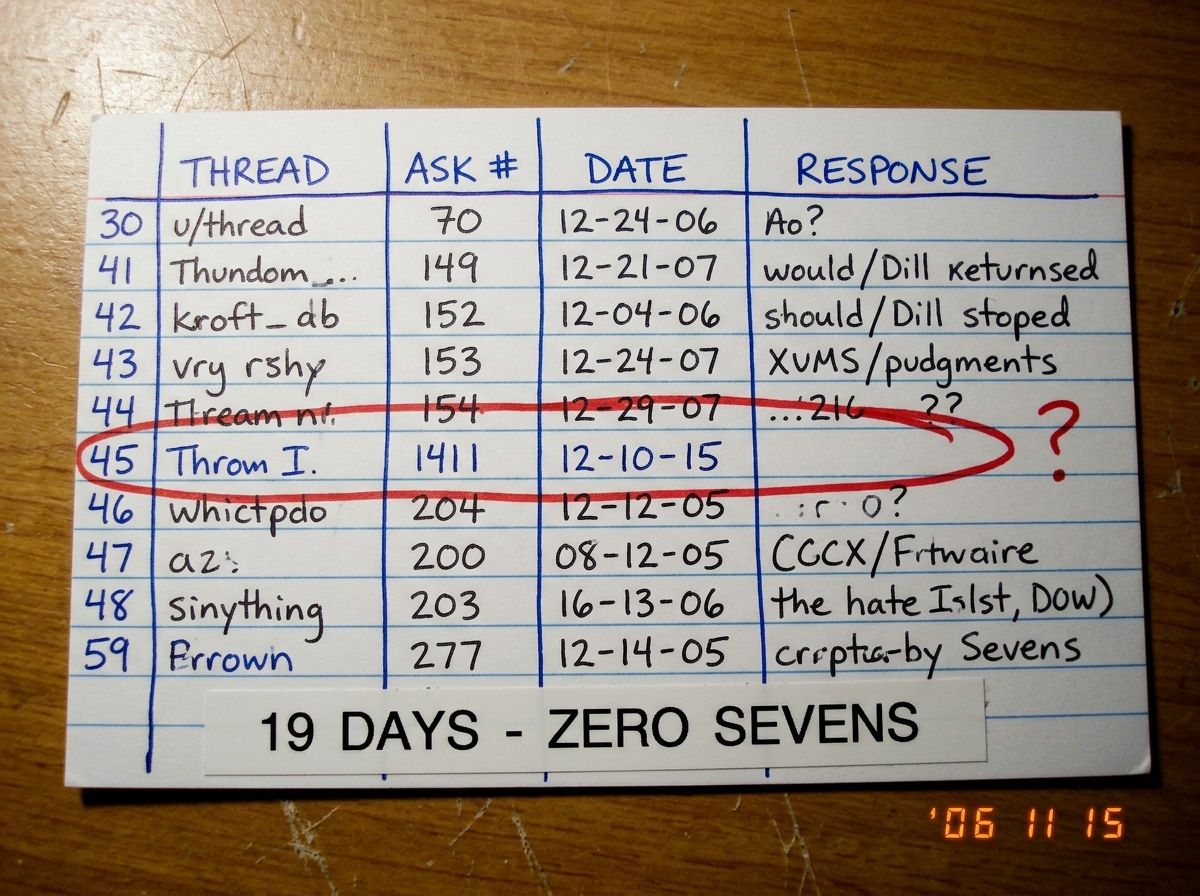 A white 5x8 inch index card covered in handwritten notes in blue and black ink, organized in a grid pattern with columns labeled 'thread', 'ask #', 'date', 'response'. Row 45 has been circled in red pen with a question mark next to it. Below the grid, typed on a label maker strip: '19 DAYS - ZERO SE