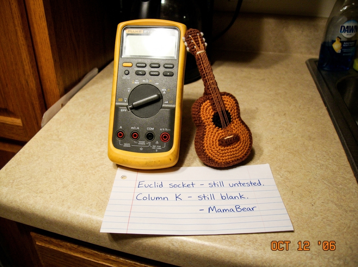 A Fluke 87V multimeter sitting on a kitchen counter next to a tiny crocheted guitar, with a handwritten note reading 'Euclid socket - still untested. Column K - still blank. - MamaBear'