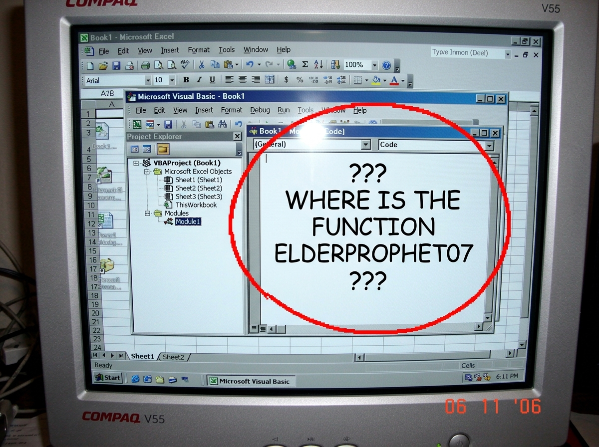 A screenshot of Excel 2003 with the Visual Basic Editor open showing a blank module window. On the left pane is the VBAProject tree. On the right, an empty white code window. Someone has drawn a red circle in MS Paint around the empty module with text in Comic Sans that reads '??? WHERE IS THE FUNCT