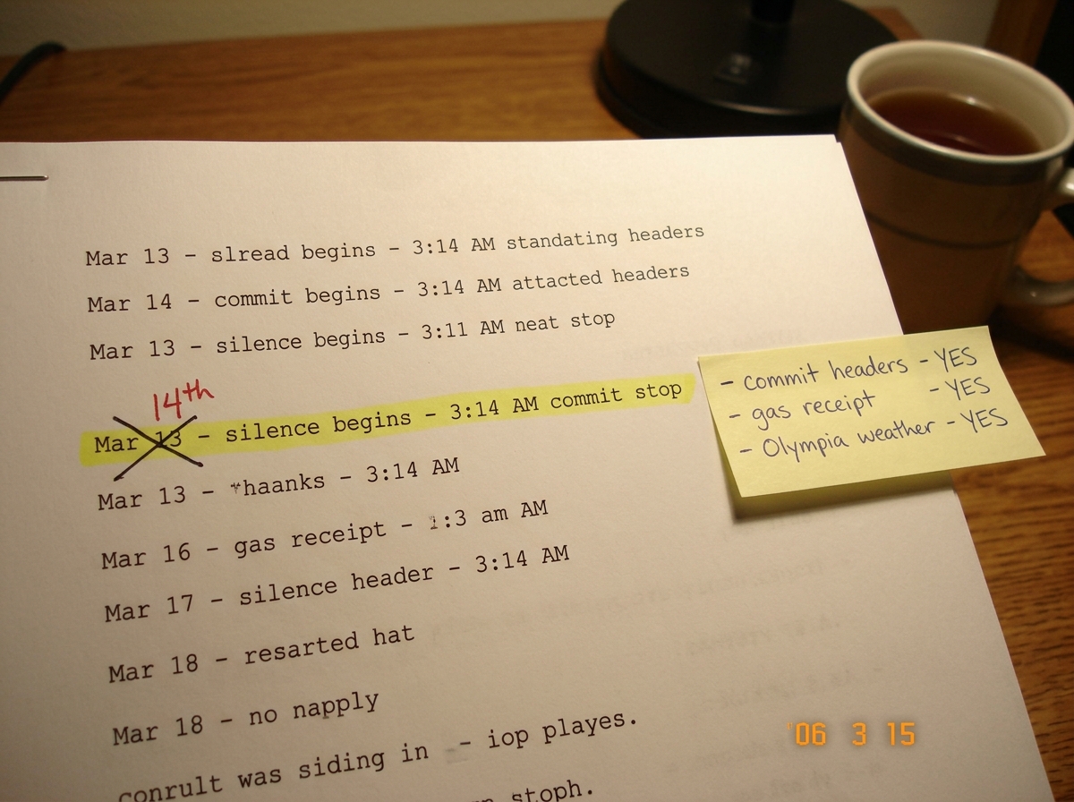 A photograph of a printed transcript on paper, sitting on a wooden desk under a desk lamp. The relevant line is marked with a yellow highlighter: 'Mar 13 - silence begins - 3:14 AM commit stop' with a handwritten X through the date and a red pen correction above: '14th'. Next to it is a small sticky
